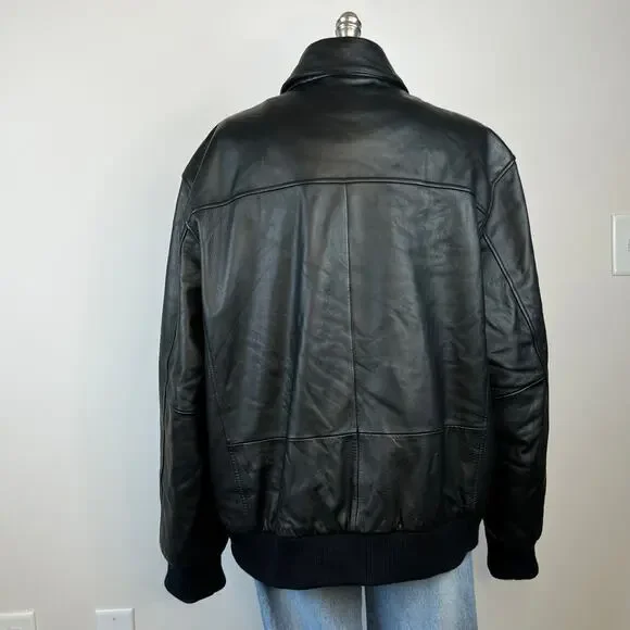 Croft and Barrow Genuine Black Leather Collared Full-Zip Bomber Jacket (Sz L)